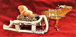 Vintage Belsnickle Santa Claus Cotton Wood Clay Wicker Reindeer Sleigh Japan