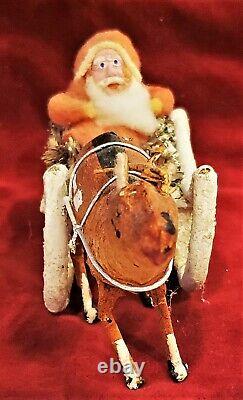 Vintage Belsnickle Santa Claus Cotton Wood Clay Wicker Reindeer Sleigh Japan