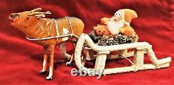 Vintage Belsnickle Santa Claus Cotton Wood Clay Wicker Reindeer Sleigh Japan