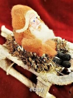 Vintage Belsnickle Santa Claus Cotton Wood Clay Wicker Reindeer Sleigh Japan