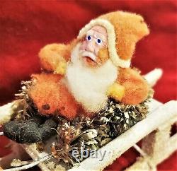 Vintage Belsnickle Santa Claus Cotton Wood Clay Wicker Reindeer Sleigh Japan