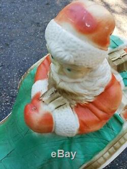 Vintage Blow Mold POLORON Santa on Sleigh Two Reindeer Xmas Yard Decor RARE