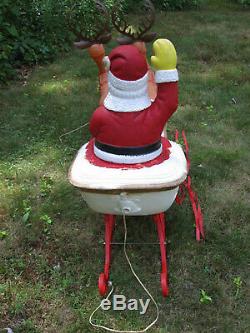 Vintage Blow Mold POLORON Santa on Sleigh w Two Reindeer Xmas Yard Decor Lights