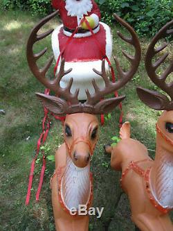 Vintage Blow Mold POLORON Santa on Sleigh w Two Reindeer Xmas Yard Decor Lights
