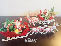 Vintage Blow Mold Plastic Santa & Reindeer Flocked Sleigh Christmas Decoration