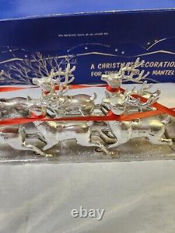 Vintage Bradford Silver Santa, Sleigh & 8 Reindeer Christmas Decoration I. O. B
