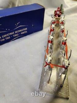 Vintage Bradford Silver Santa, Sleigh & 8 Reindeer Christmas Decoration I. O. B