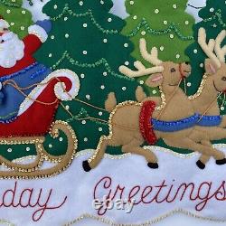 Vintage Bucilla Felt Applique Santa Sleigh Reindeer Sequin Wall Hanging Banner