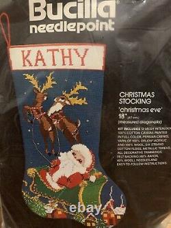 Vintage Bucilla Needlepoint Stocking Kit Christmas Eve Santa Sleigh Reindeer