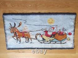 Vintage CHRISTMAS 1950s Hooked SANTA, SLEIGH & REINDEER Holiday 38 x 20 Rug