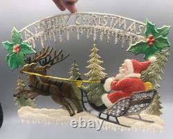 Vintage CHRISTMAS Glitter SANTA CLAUS Sleigh REINDEER Embossed DIE CUT 13-inch