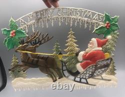 Vintage CHRISTMAS Glitter SANTA CLAUS Sleigh REINDEER Embossed DIE CUT 13-inch