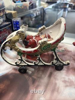 Vintage Cast Iron Santa Claus In Sleigh & 8 Reindeer Christmas Collectible Decor