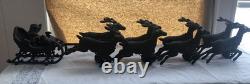 Vintage Cast Iron Santa Claus, Sleigh & 8 Reindeer Holiday Decoration 33 long