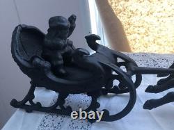 Vintage Cast Iron Santa Claus, Sleigh & 8 Reindeer Holiday Decoration 33 long