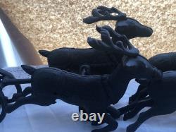 Vintage Cast Iron Santa Claus, Sleigh & 8 Reindeer Holiday Decoration 33 long
