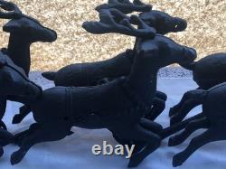 Vintage Cast Iron Santa Claus, Sleigh & 8 Reindeer Holiday Decoration 33 long