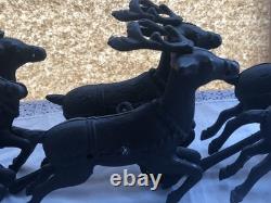 Vintage Cast Iron Santa Claus, Sleigh & 8 Reindeer Holiday Decoration 33 long