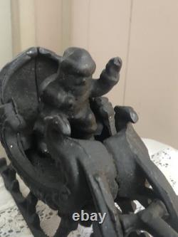 Vintage Cast Iron Santa Claus, Sleigh & 8 Reindeer Holiday Decoration 33 long