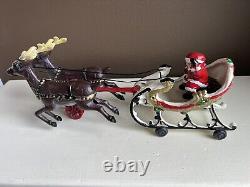 Vintage Cast Iron Santa In Sleigh with Reindeer on Wheels Heavy/Excellent