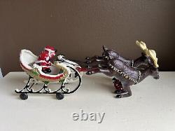 Vintage Cast Iron Santa In Sleigh with Reindeer on Wheels Heavy/Excellent