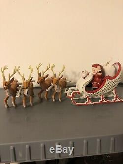 Vintage Cast Iron Santa Sleigh And Four Reindeer EUC Collectors Item