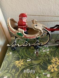 Vintage Cast Iron Santa Sleigh On Wheels 2 Reindeer Wow! EVC