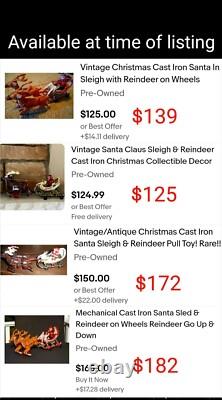 Vintage Cast Iron Santa Sleigh and Reindeer on Wheels Pull Toy BEST PRICE