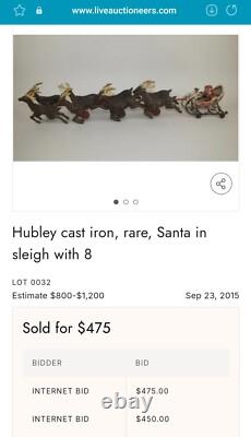 Vintage Cast Iron Santa Sleigh and Reindeer on Wheels Pull Toy BEST PRICE
