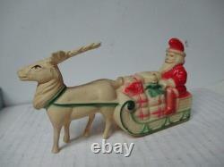 Vintage Celluloid Christmas Santa Claus w Toys in Sleigh w Reindeer