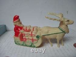 Vintage Celluloid Christmas Santa Claus w Toys in Sleigh w Reindeer