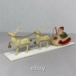 Vintage Celluloid Santa Claus Sitting in Sleigh Pulled by Set of 2 Bell Reindeer
