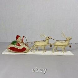 Vintage Celluloid Santa Claus Sitting in Sleigh Pulled by Set of 2 Bell Reindeer