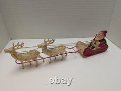 Vintage Celluloid Santa Claus Sitting in Sleigh Pulled by Set of 2 Reindeer