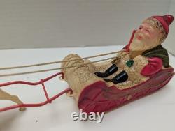 Vintage Celluloid Santa Claus Sitting in Sleigh Pulled by Set of 2 Reindeer