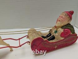 Vintage Celluloid Santa Claus Sitting in Sleigh Pulled by Set of 2 Reindeer