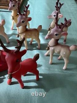 Vintage Celluloid Santa & Sleigh + 9 Reindeer Plastic Christmas Decoration Japan
