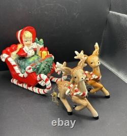 Vintage Ceramic Lefton Candy Cane Shopper Girl In Sleigh With 2 Reindeer READ