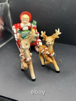 Vintage Ceramic Lefton Candy Cane Shopper Girl In Sleigh With 2 Reindeer READ