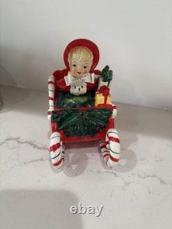 Vintage Ceramic Lefton Candy Cane Shopper Girl In Sleigh With 2 Reindeer READ