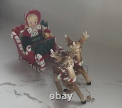 Vintage Ceramic Lefton Candy Cane Shopper Girl In Sleigh With 2 Reindeer READ