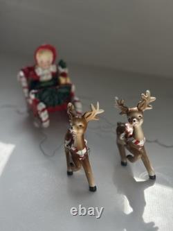 Vintage Ceramic Lefton Candy Cane Shopper Girl In Sleigh With 2 Reindeer READ