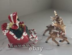 Vintage Ceramic Lefton Candy Cane Shopper Girl In Sleigh With 2 Reindeer READ