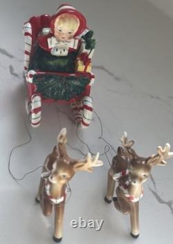 Vintage Ceramic Lefton Candy Cane Shopper Girl In Sleigh With 2 Reindeer READ