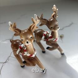 Vintage Ceramic Lefton Candy Cane Shopper Girl In Sleigh With 2 Reindeer READ