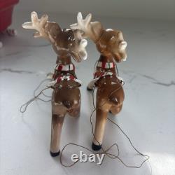 Vintage Ceramic Lefton Candy Cane Shopper Girl In Sleigh With 2 Reindeer READ