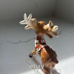 Vintage Ceramic Lefton Candy Cane Shopper Girl In Sleigh With 2 Reindeer READ