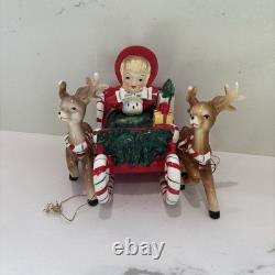 Vintage Ceramic Lefton Candy Cane Shopper Girl In Sleigh With 2 Reindeer READ