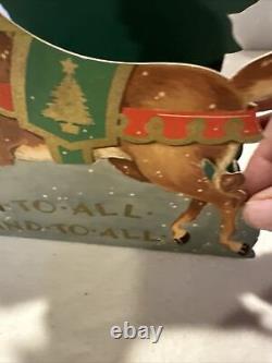Vintage Christmas Cardboard Die Cut Santa Sleigh And Reindeer 3D See Pics