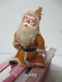 Vintage Christmas Composition Face Santa on Wood Sled w Brown Reindeer